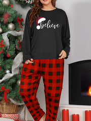 Christmas Lounge Set: Women's Plus Hat Tee & Plaid Pants Pajamas