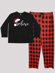 Christmas Lounge Set: Women's Plus Hat Tee & Plaid Pants Pajamas