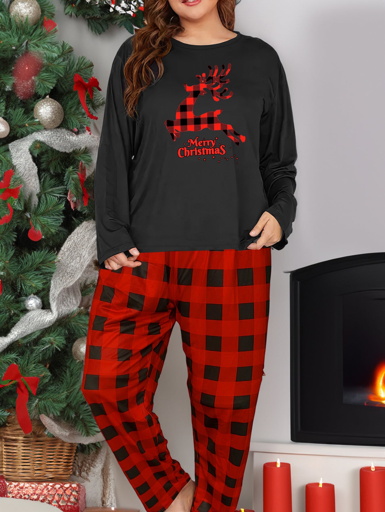 Christmas Lounge Set Plaid Deer Tee & Plaid Pants Pajamas