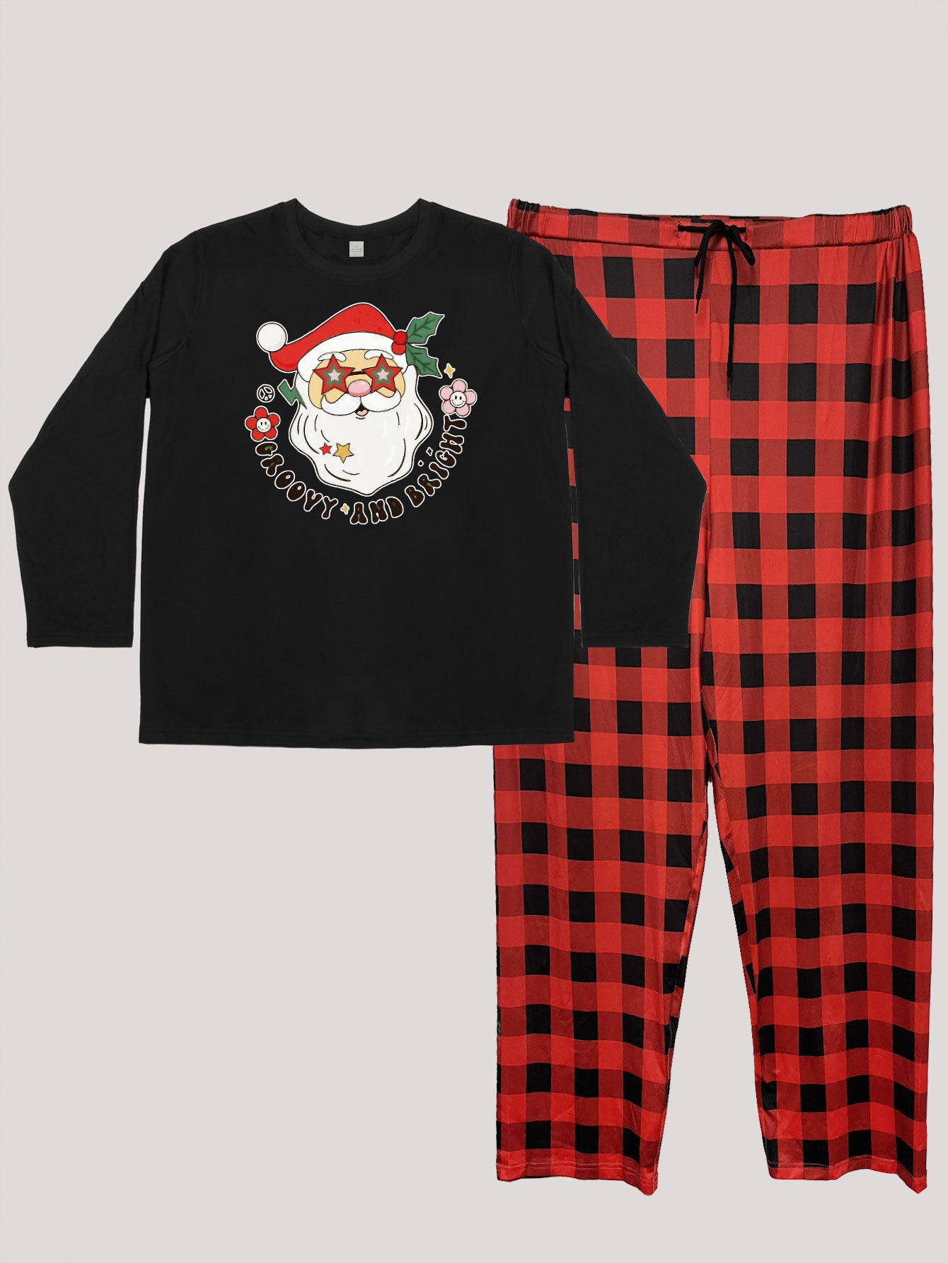 Santa Print Tee & Plaid Pants Pajamas Set