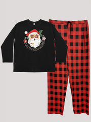 Santa Print Tee & Plaid Pants Pajamas Set