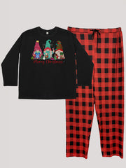 Gnomes Print Tee & Plaid Pants Pajama Set