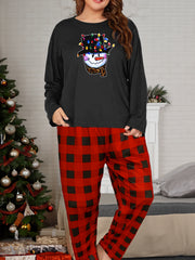 Snowman & Lights Graphic Long Sleeve Top & Plaid Pants Pajamas Set