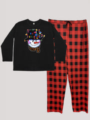 Snowman & Lights Graphic Long Sleeve Top & Plaid Pants Pajamas Set