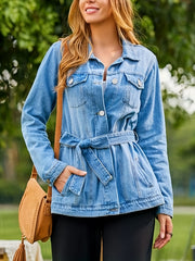 Denim Jacket Button Up Lapel Collar Belted w/ Pockets