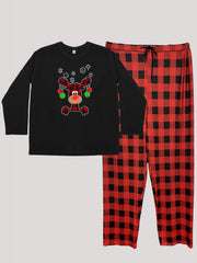 Snowflake & Elk Print Tee & Plaid Pants Pajamas Set