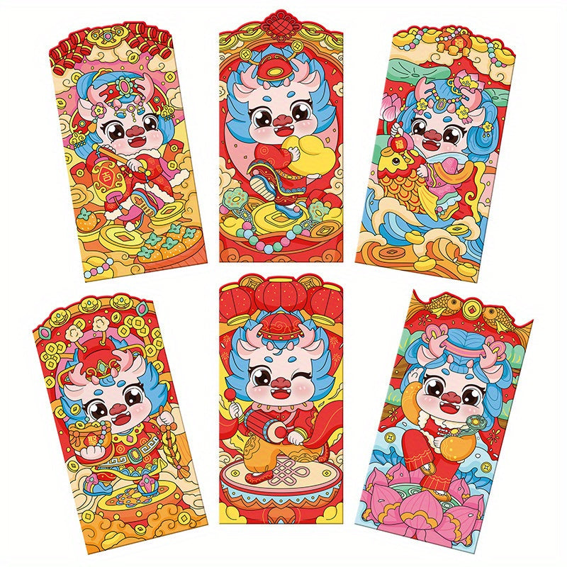 6pcs Dragon Year Red Envelopes Cartoon Lucky Money Bag