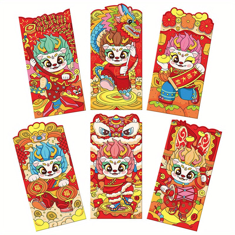 6pcs Dragon Year Red Envelopes Cartoon Lucky Money Bag