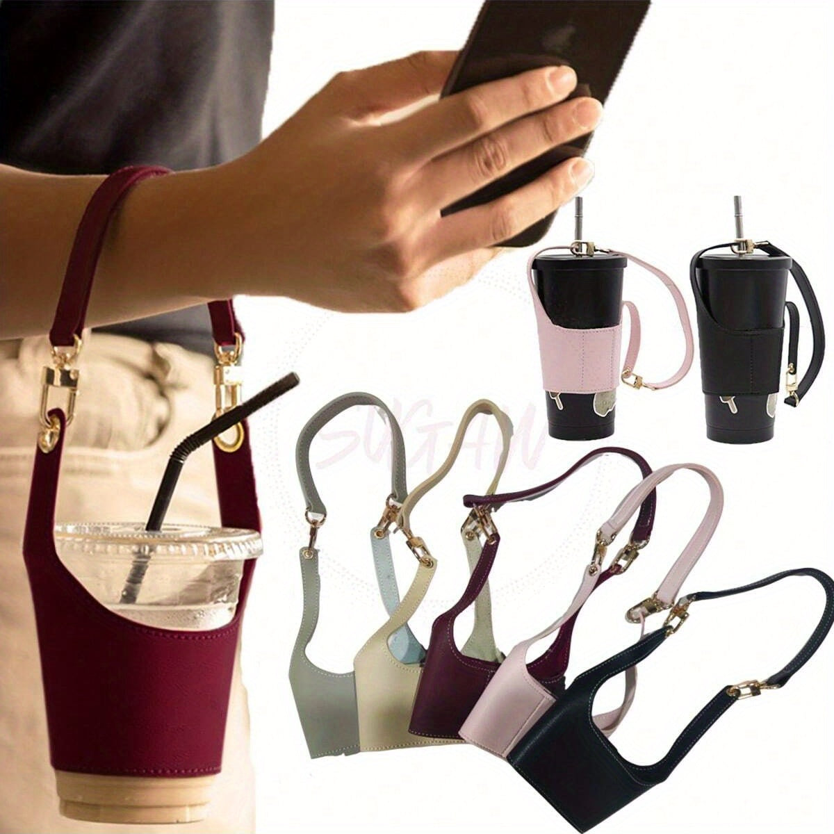 Adjustable PU Leather Coffee Cup Sleeve 500ml 750ml Cup Holder
