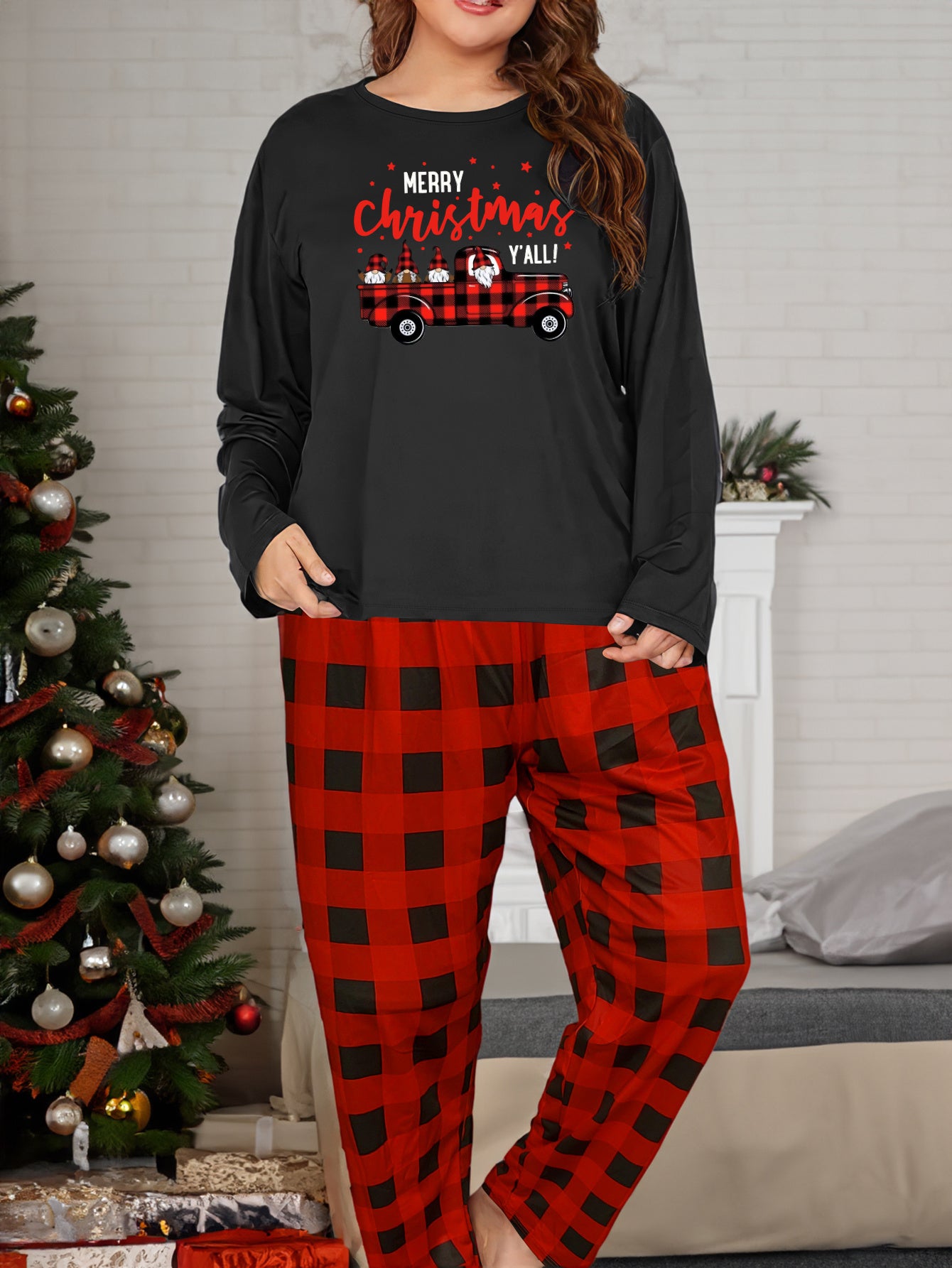 Christmas Lounge Set Gnomes & Car Print Tee & Plaid Pants Pajamas