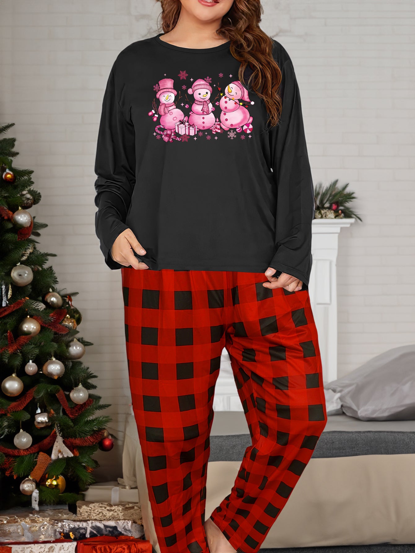 Christmas Loungewear Set Snowman & Print Top & Plaid Pants Pajamas