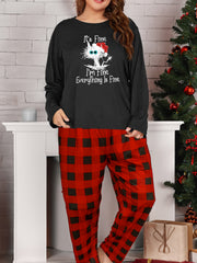 Women's Plus Funny Christmas Cat Print Tee & Plaid Pants Pajamas Set
