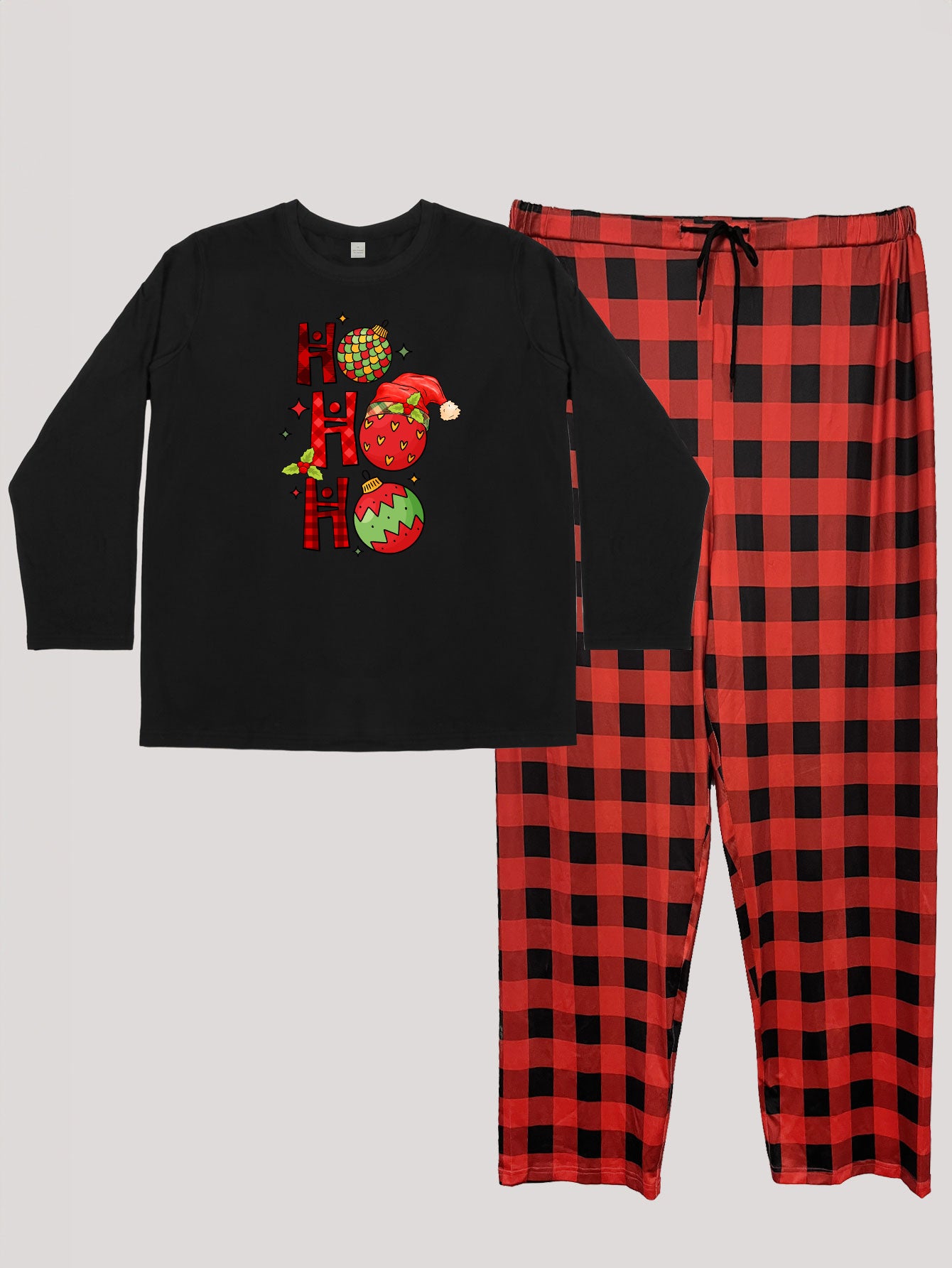 Bell & Letter Print Tee & Plaid Pants Pajamas Set
