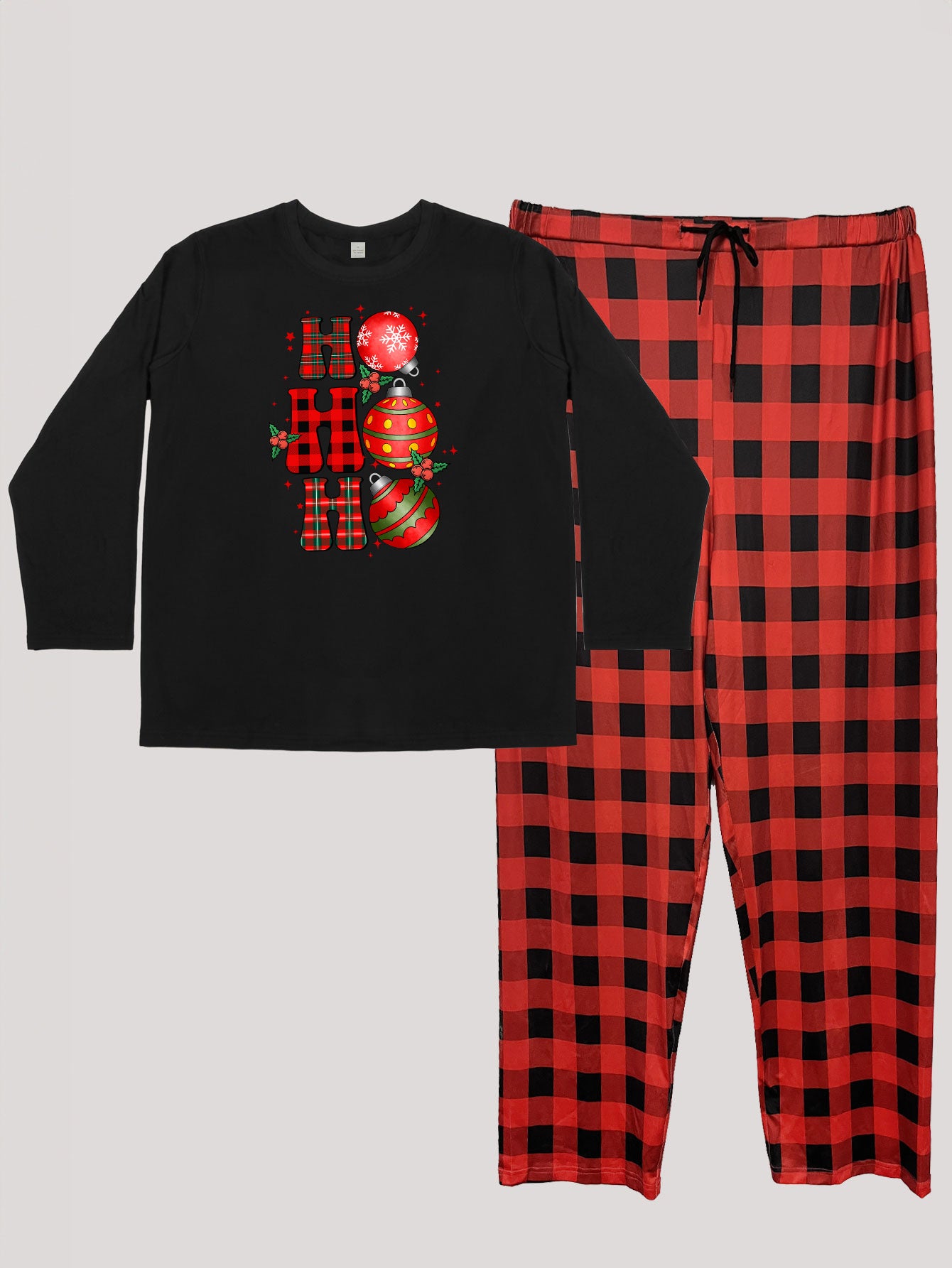 Christmas Lounge Set Bell & Letter Print Tee Plaid Pants Pajam