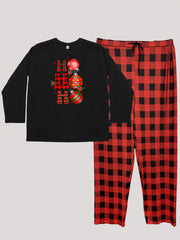 Christmas Lounge Set Bell & Letter Print Tee Plaid Pants Pajam