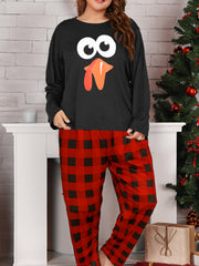 Turkey Graphic Long Sleeve Tee & Plaid Pants Pajamas Set
