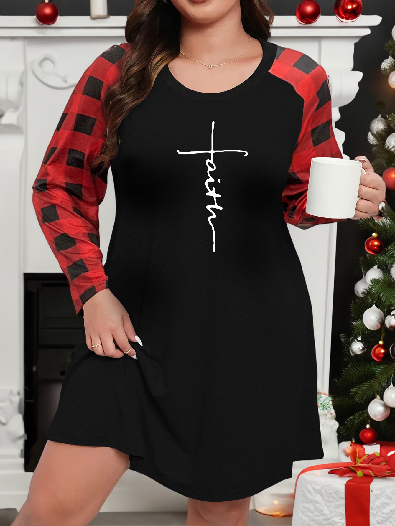 Plus Size Casual Loungewear Dress Women's Plus Letter Print Plaid Raglan Sleeve