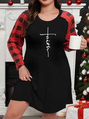 Plus Size Casual Loungewear Dress Women's Plus Letter Print Plaid Raglan Sleeve