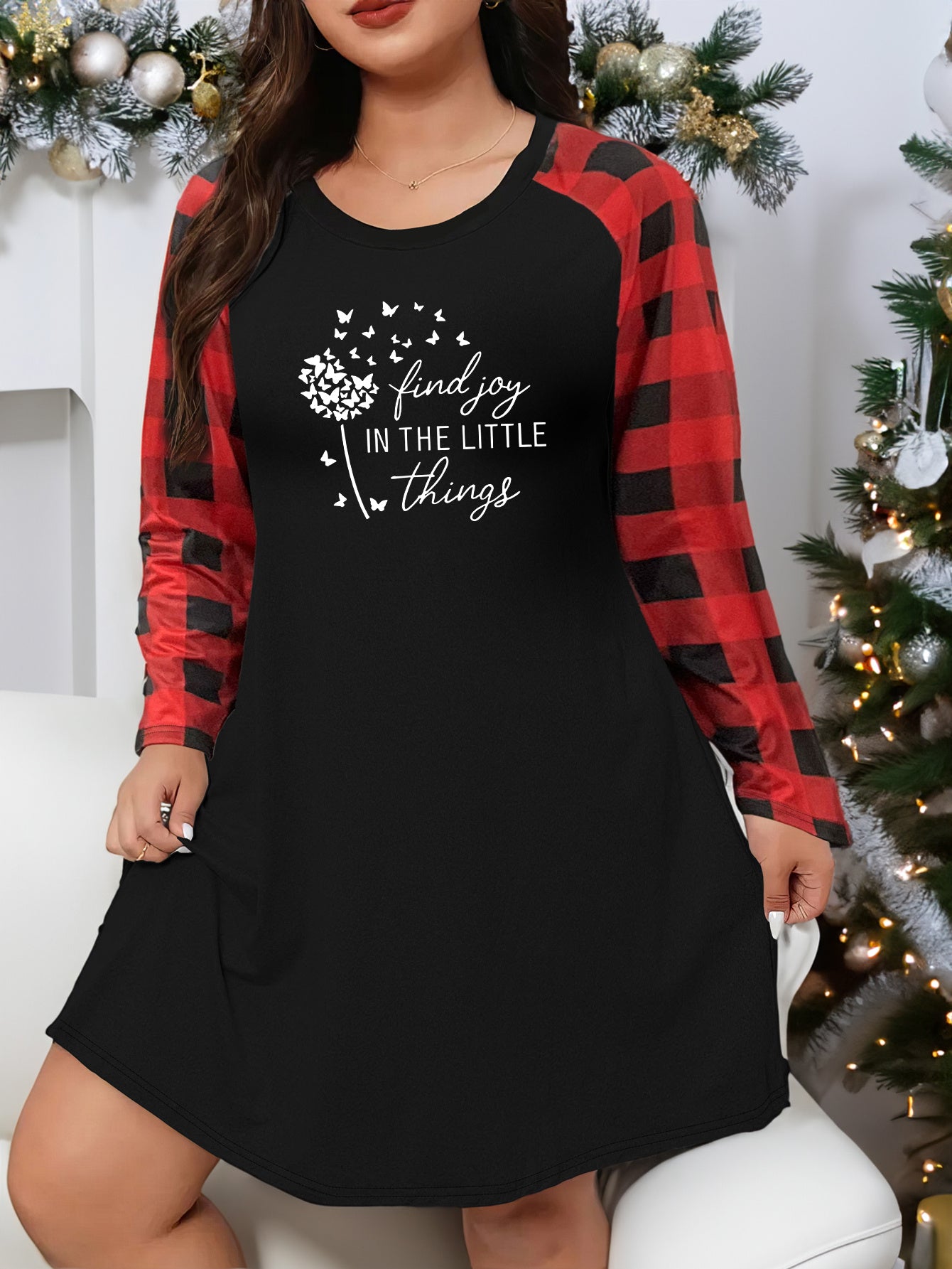 Dandelion & Slogan Print Plaid Raglan Sleeve Nightdress
