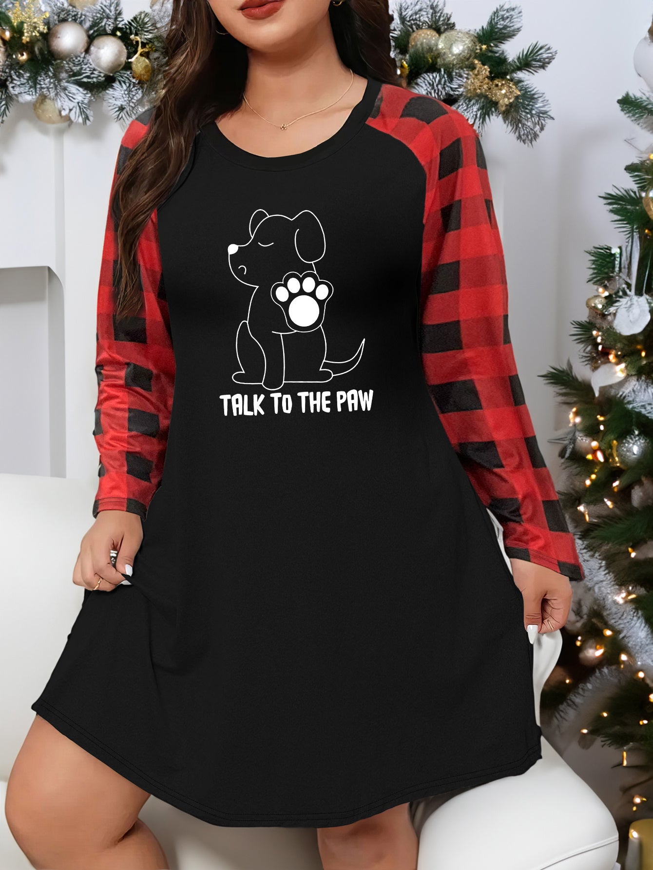 Lounge Dress Women's Plus Puppy Graphic Plaid Raglan Sleeve Nightdress