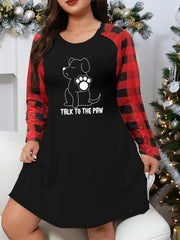 Lounge Dress Women's Plus Puppy Graphic Plaid Raglan Sleeve Nightdress