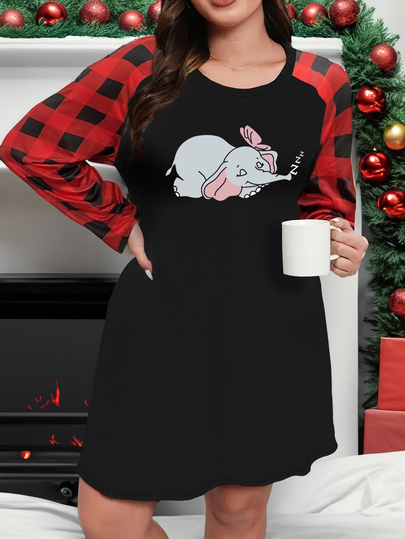 Cartoon Elephant & Butterfly Print Plaid Raglan Sleeve Nightdress