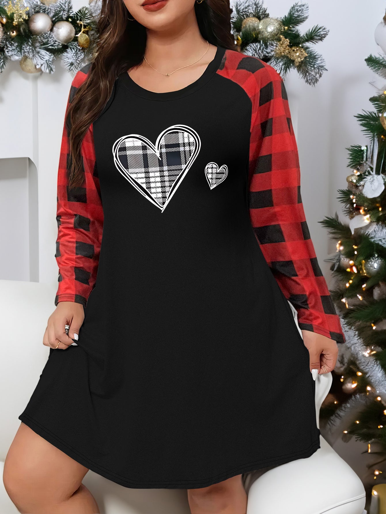 Plaid Heart Print Raglan Sleeve Nightdress