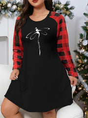 Dragonfly Print Plaid Raglan Sleeve Loungewear Dress