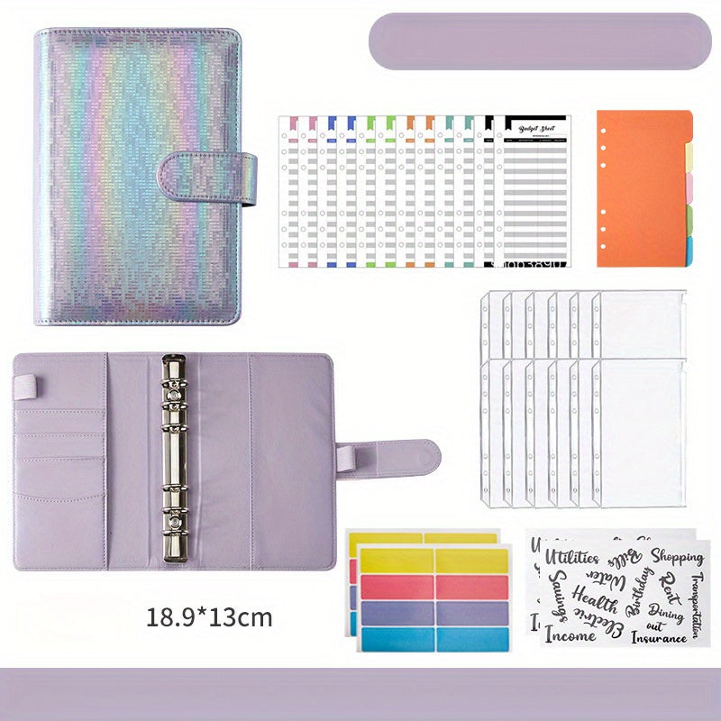 A6 Laser Colorful Loose leaf Book With Zipper Bag 12 Sheets Stickers