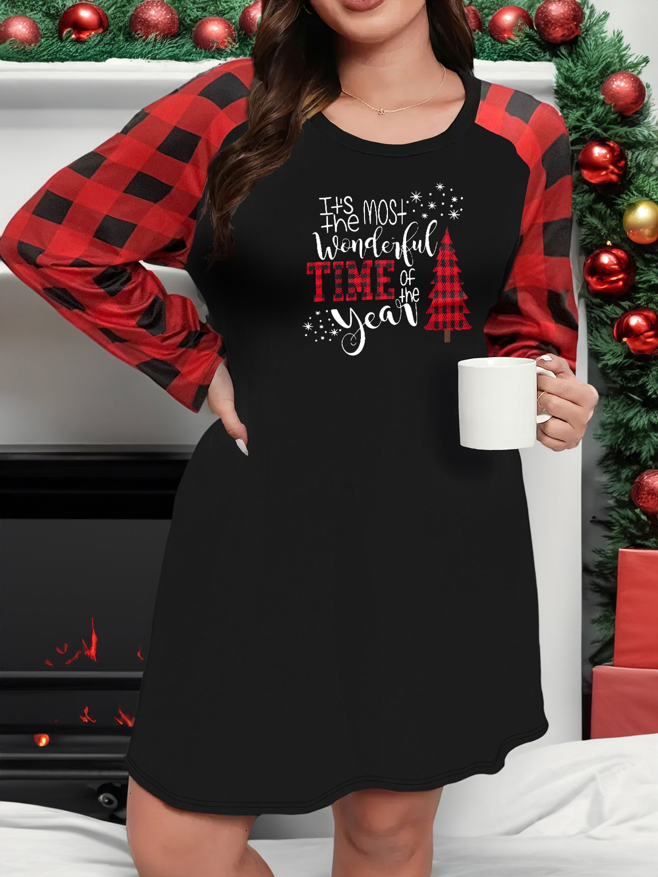 Christmas Tree & Slogan Loungewear Dress Women's Plus