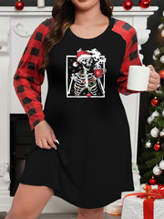 Plus Size Gothic Christmas Loungewear Dress with Snowflake & Skull