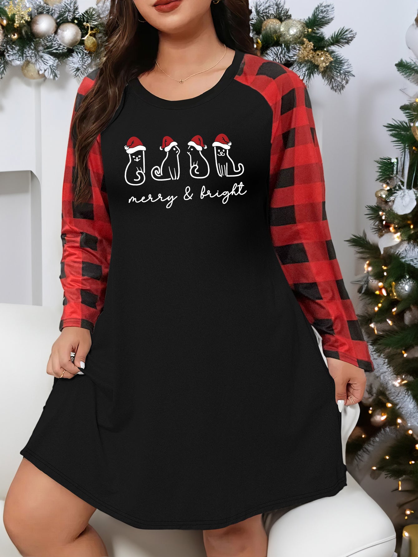 Christmas Lounge Dress Women's Plus Christmas Cat Graphic Plaid