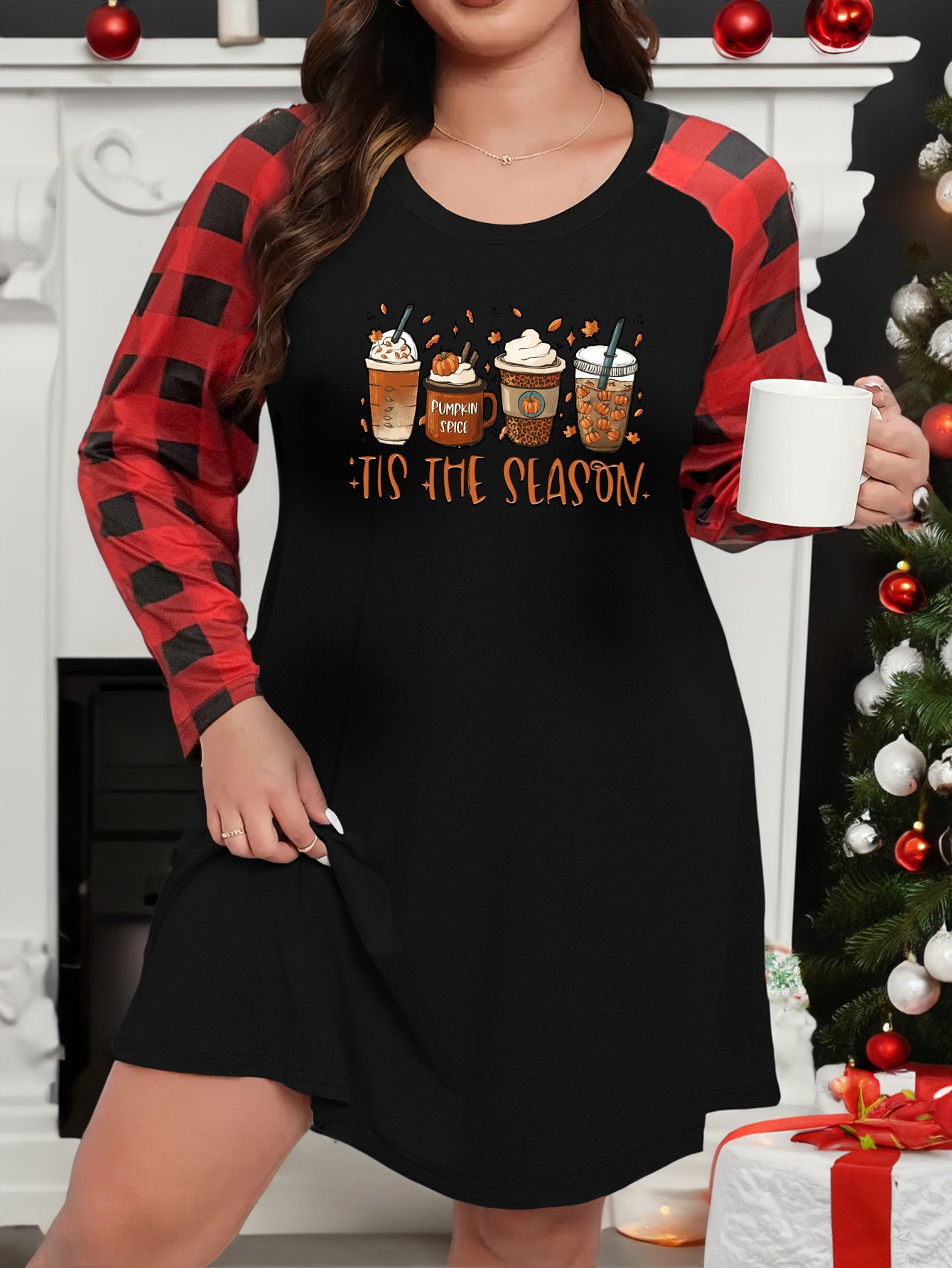 Plus Size Maple Leaf Print Plaid Dress