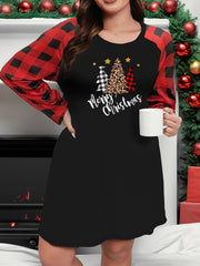 Christmas Tree & Slogan Print Plaid Raglan Sleeve Nightdress