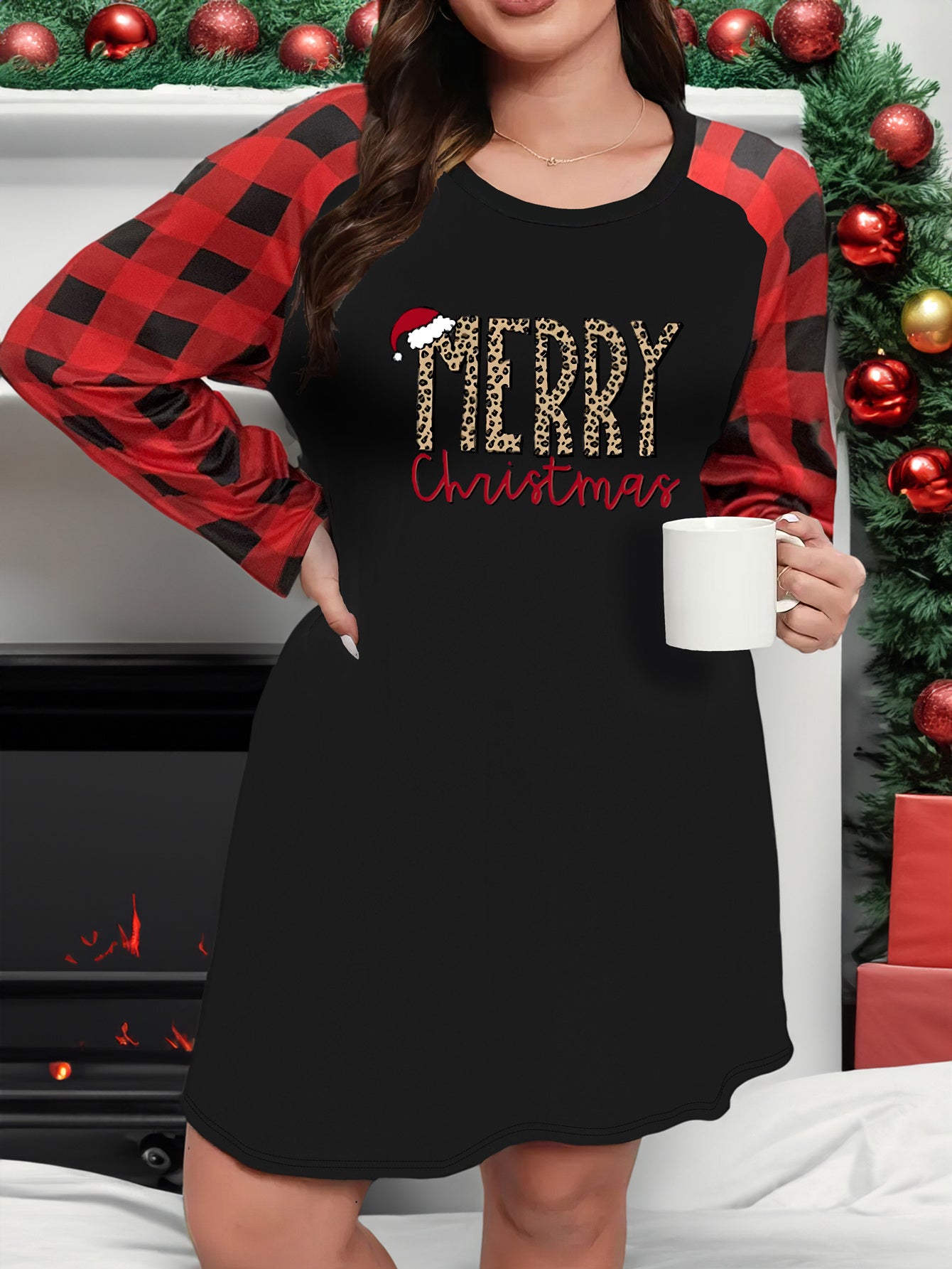 Christmas Loungewear Dress Women's Plaid Raglan Sleeve Nightdress