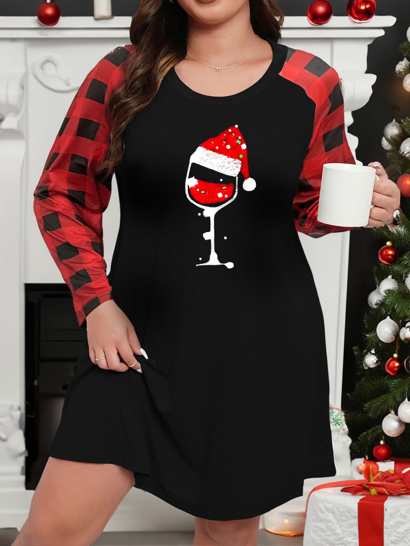 Christmas Lounge Dress with Plaid Raglan Sleeves