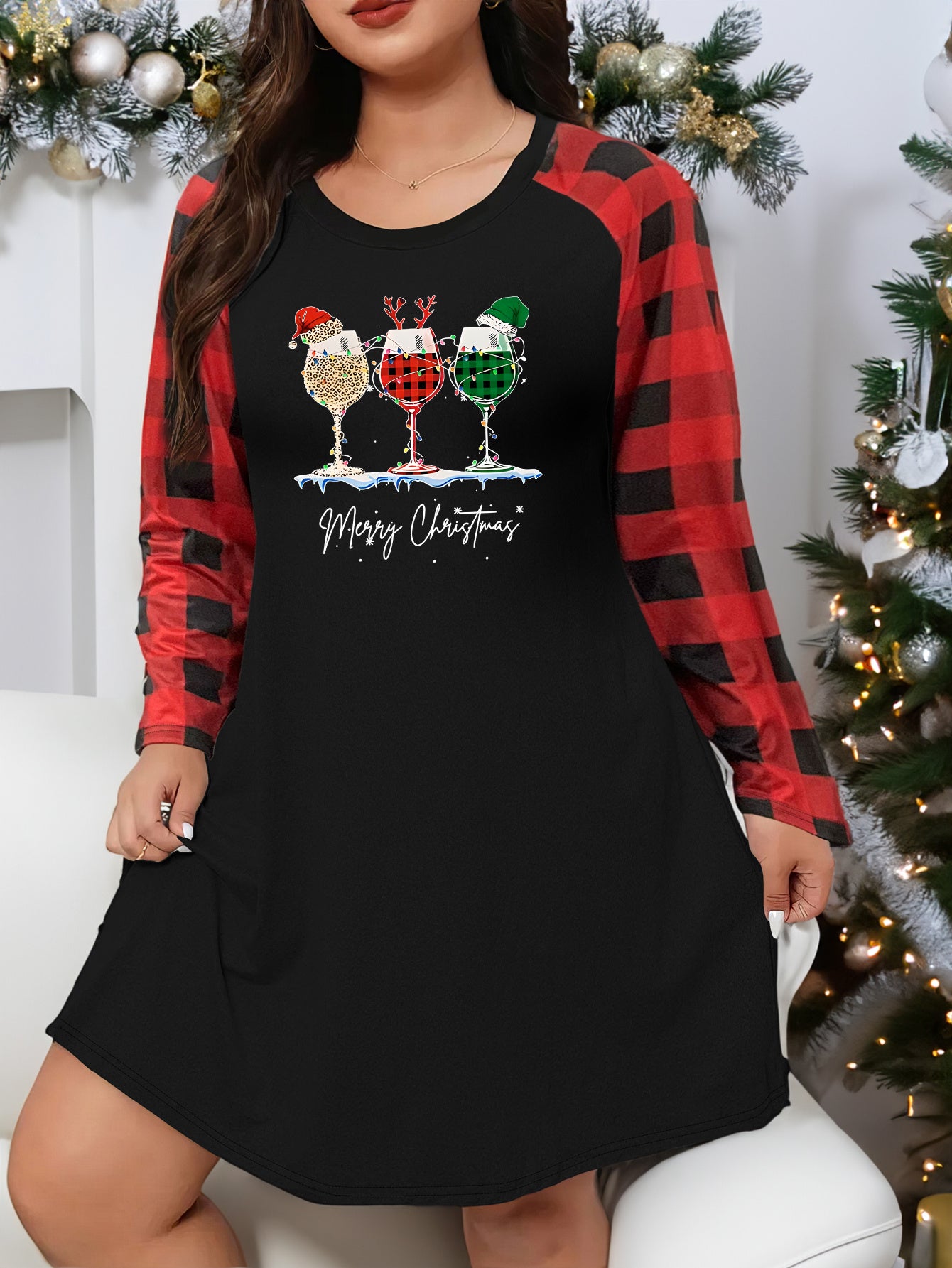 Christmas Loungewear Dress with String Lights & Goblet