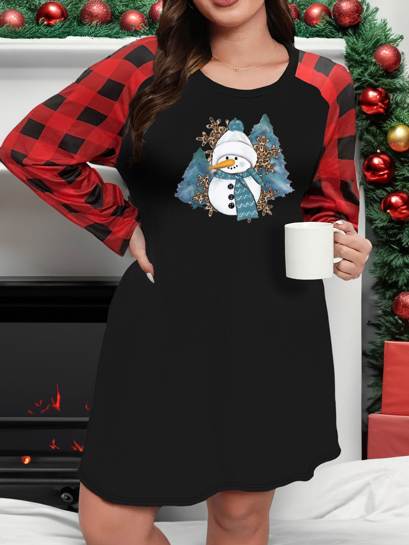 Plus Size Christmas Lounge Dress Women's Plus Snowman & Snowflake Graphic