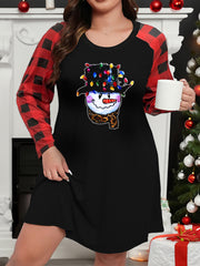 Xmas Lounge Dress Women's Plus Snowman & Lights Plaid Raglan Sleeve