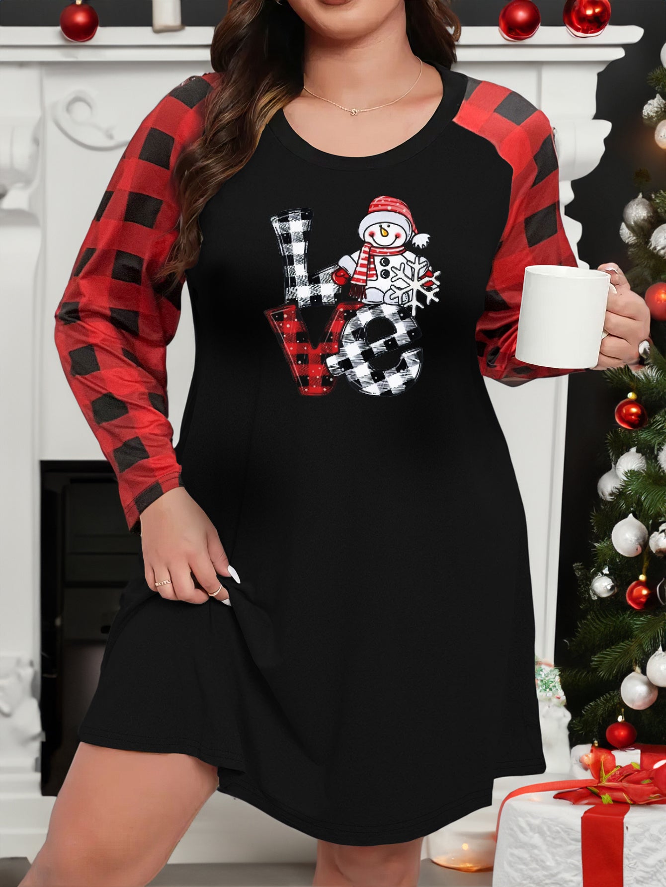 Christmas Lounge Dress Women's Plaid Raglan Sleeve Nightdress