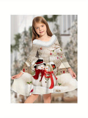 Girls Snowflake Graphic Long Sleeve Dress For Spring Fall Christmas Gift Party