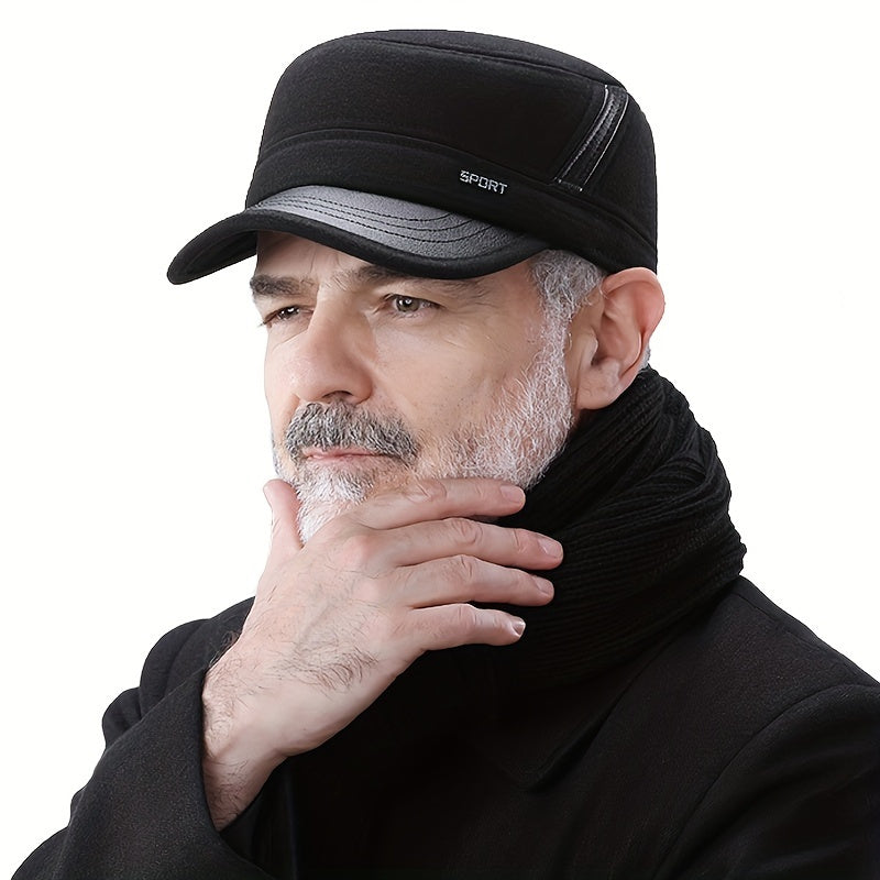 Men's Flat Top Hat Thick Earflaps Warm Military Hat