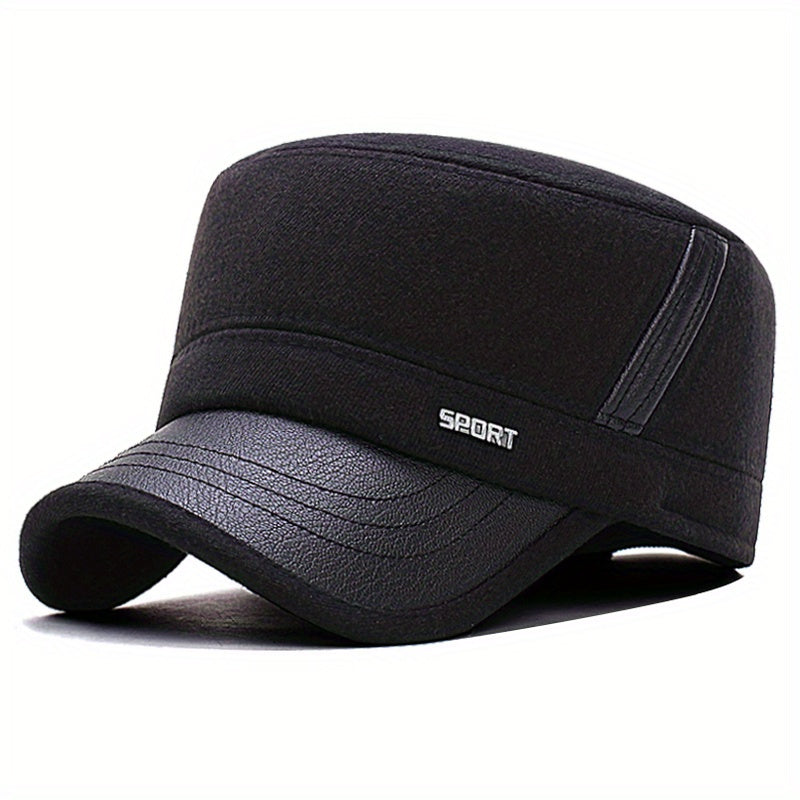 Men's Flat Top Hat Thick Earflaps Warm Military Hat