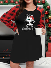 Christmas Cat Print Plaid Raglan Sleeve Nightdress