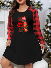 Christmas Casual Bell & Letter Print Plaid Raglan Sleeve Nightdress