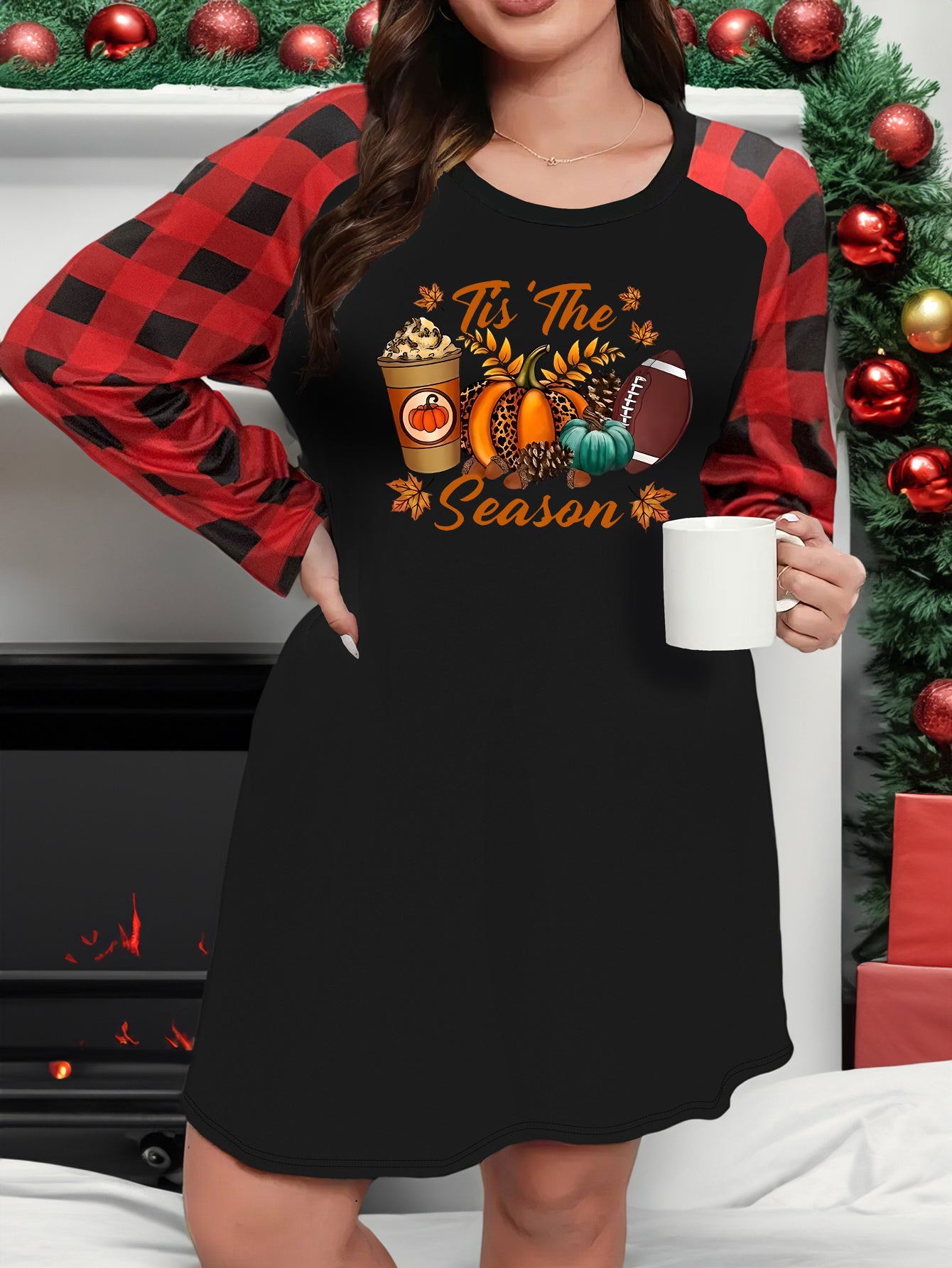 Casual Loungewear Dress Women's Plus Pumpkin & Rugby Print Plaid Ragla