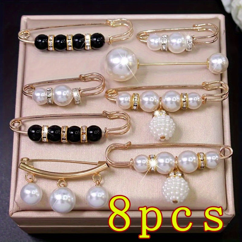 8pcs Pearl Flower Brooch Pins Safety Pin Waist Buckle