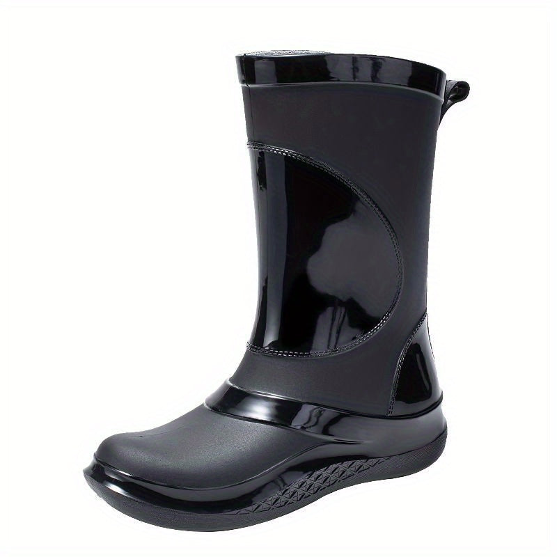 Women's Solid PVC Round Toe Rain Boots Flat Waterproof Water Shoes