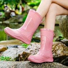 Women's Solid PVC Round Toe Rain Boots Flat Waterproof Water Shoes