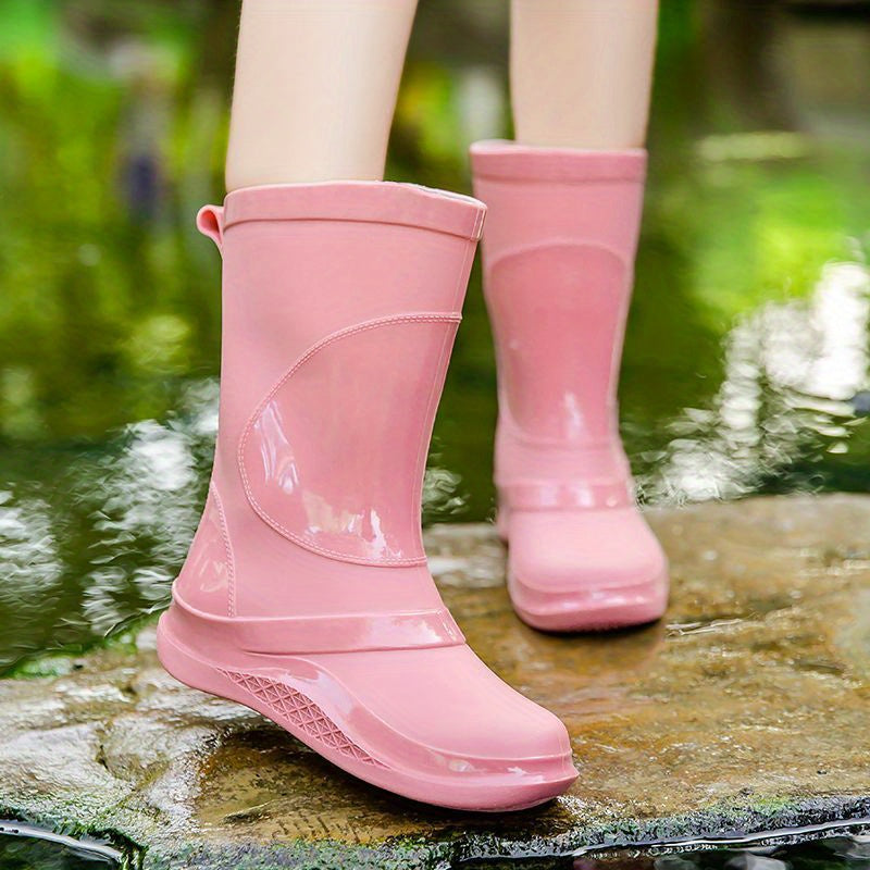 Women's Solid PVC Round Toe Rain Boots Flat Waterproof Water Shoes